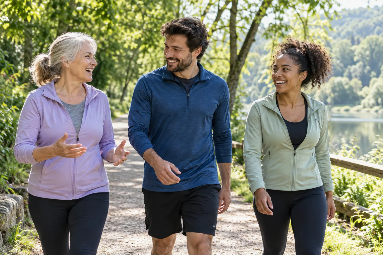 Amigos disfrutan de una caminata activa · Imágenes ilustrativas generadas por IA